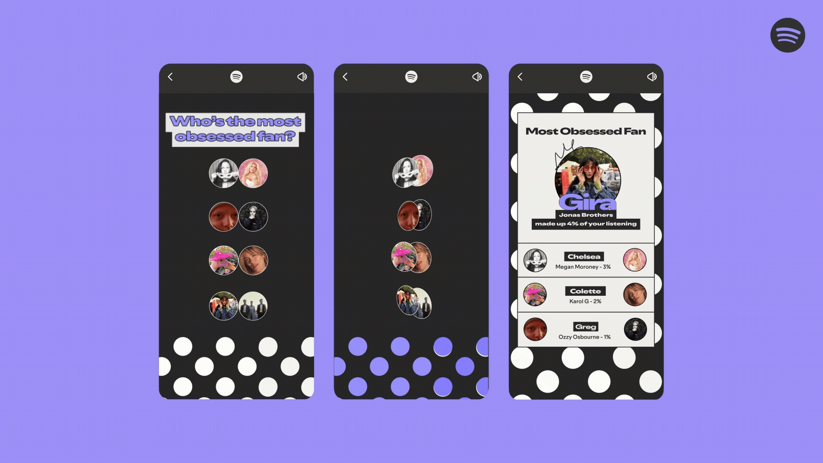 Три iPhone показывают разные шаги к Wrapped Party в Spotify Wrapped 2025