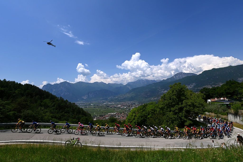 MONTE BONDONE ITALY MAY 23 A general view of Joo Almeida of Portugal and UAE Team Emirates White best young jersey Bruno Armirail of France and Team Groupama FDJ Pink Leader Jersey and the peloton compete passing through a landscape during the 106th Giro dItalia 2023 Stage 16 a 203km stage from Sabbio Chiese to Monte Bondone 1642m UCIWT on May 23 2023 in Monte Bondone Italy Photo by Tim de WaeleGetty Images