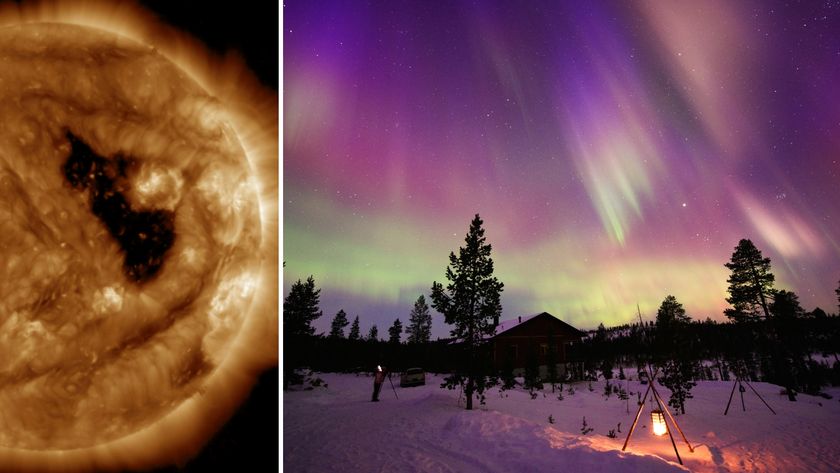 a two panel image, on the left is a close up view of the sun with a large black gap and on the right is a colourful sky filled with auroras showing as ribbons of purple and green light above a snowy scene.