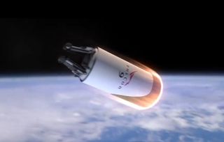 A heat shield protects the second stage of SpaceX's planned fully reusable rocket during its re-entry through Earth's atmosphere in this still from a SpaceX video. The second stage rocket, like SpaceX's first stage, would make a vertical landing at its launch site.
