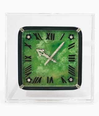 Art Deco nephrite jade, rock crystal, enamel and diamond desk clock