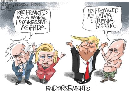 Political cartoon World running mates support Hillary Clinton Donald Trump Bernie Sanders Putin