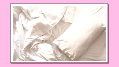 The speed bump sex position: a picture of a white pillow in the middle of a bed, with white sheets and a white duvet/ in a pink template 