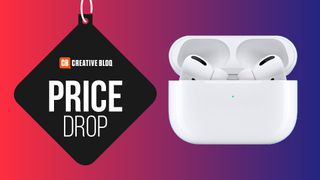 a product image of the AirPods Pro in the charging case on a colourful background with the words price drop 