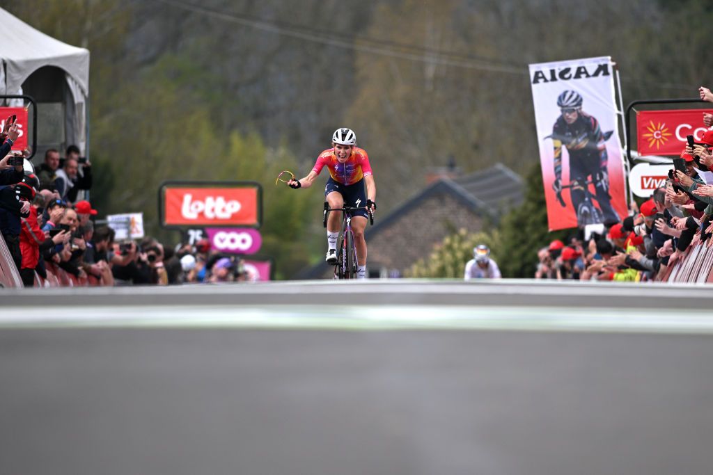 HUY BELGIUM APRIL 19 Demi Vollering of The Netherlands and Team SD Worx celebrates at finish line as race winner during the 26th La Fleche Wallonne Feminine 2023 a 1273km one day race from Huy to Mur de Huy UCIWWT on April 19 2023 in Huy Belgium Photo by David StockmanGetty Images