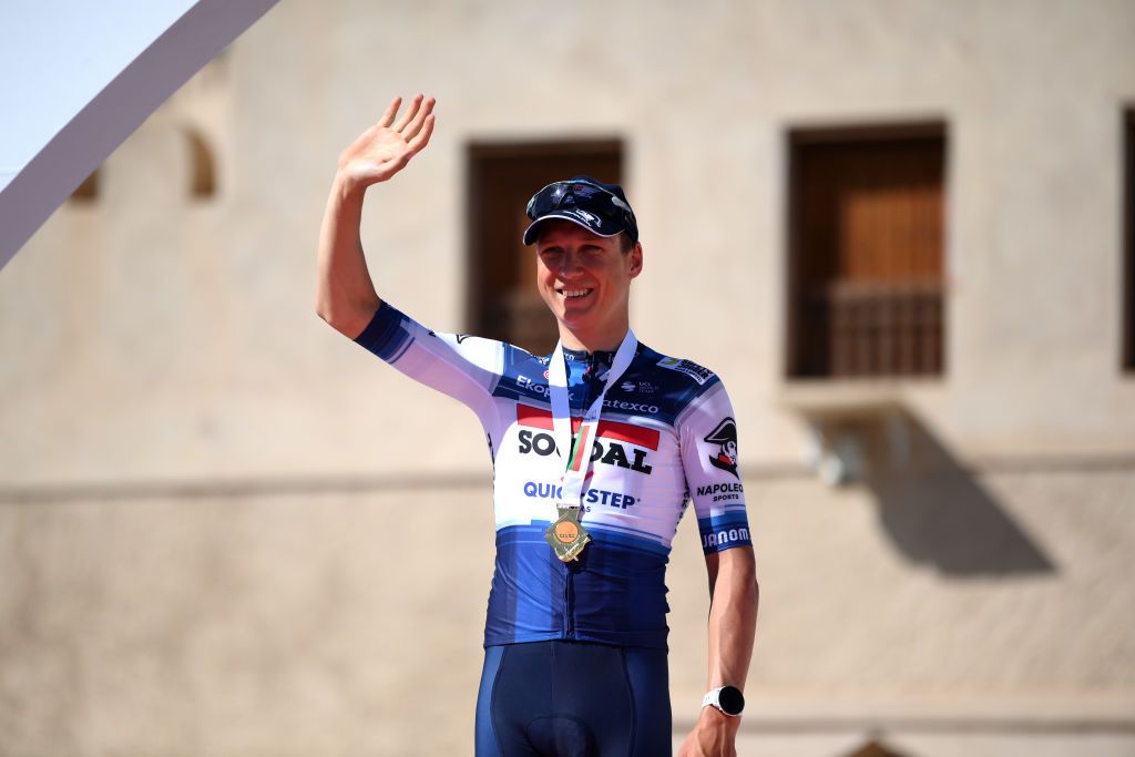 JABAL AL AKHDHAR OMAN FEBRUARY 15 Mauri Vansevenant of Belgium and Team Soudal Quick Step celebrates at podium as stage winner during the 12th Tour of Oman 2023 Stage 5 a 1522km from Samail to Jabal Al Akhdhar 1214m TourofOman on February 15 2023 in Jabal Al Akhdhar Oman Photo by Alex BroadwayGetty Images