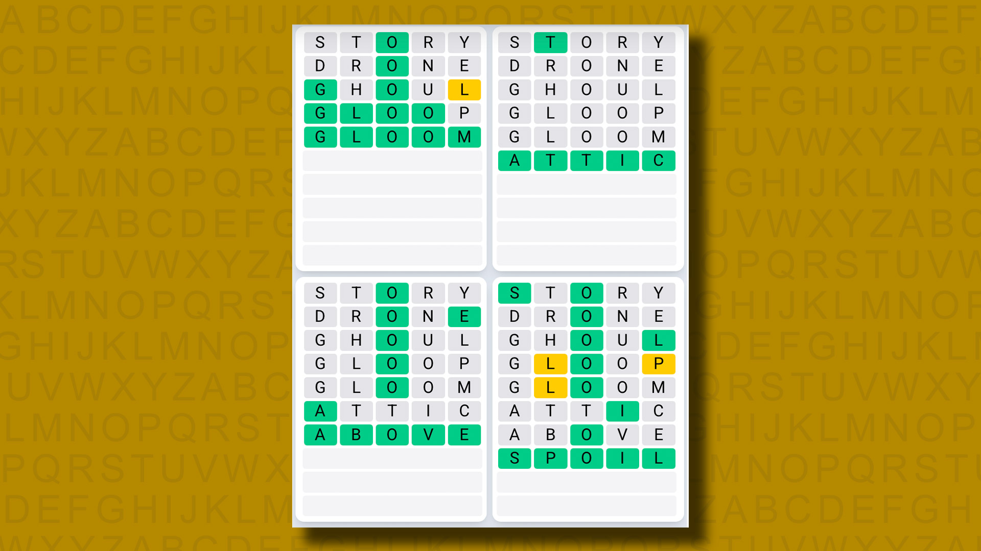 Quordle Daily Sequence answers for game 1195 on a yellow background