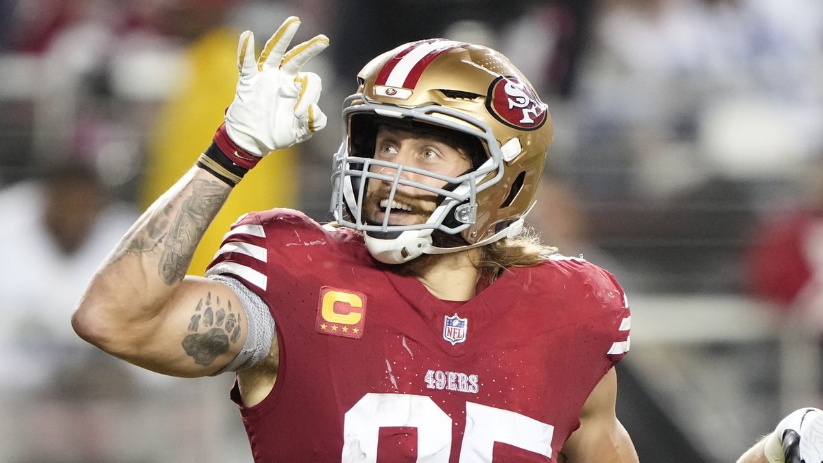 George Kittle #85 of the San Francisco 49ers celebrates ahead of the Bengals vs 49ers showdown.