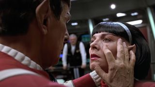 Leonard Nimoy mind melding with Kim Catrall on the Enterprise bridge in Star Trek VI: The Undiscovered Country.