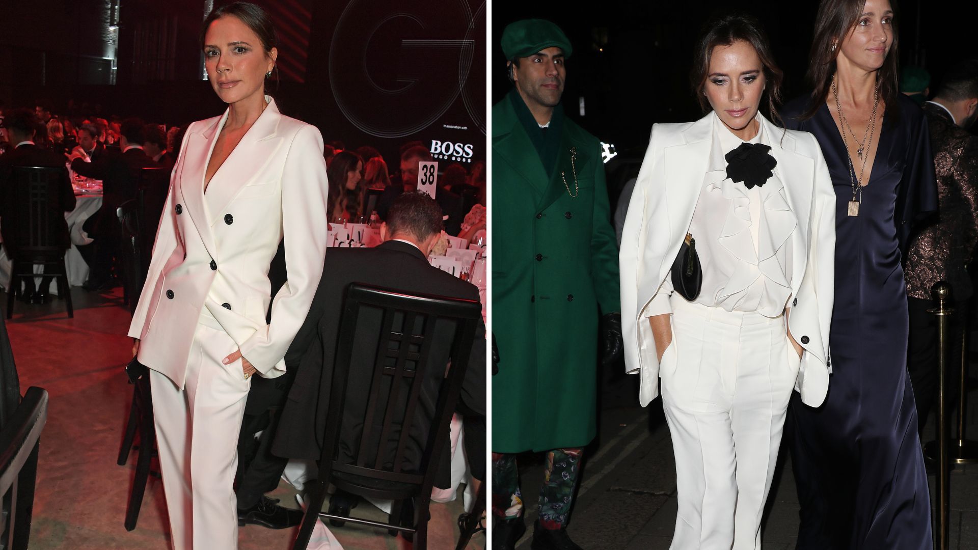 L-Victoria Beckham at the GQ Awards, 2019, R-Victoria Beckham attending a BAFTAs party