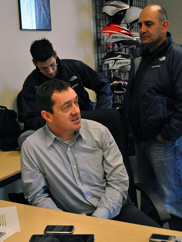 Chris Boardman and UnitedHealthcare Pro Cycling's Mike Tamayo, left, and Thierry Attias.