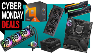 AMD gaming PC build products on a blue background with Cyber Monday deals text.