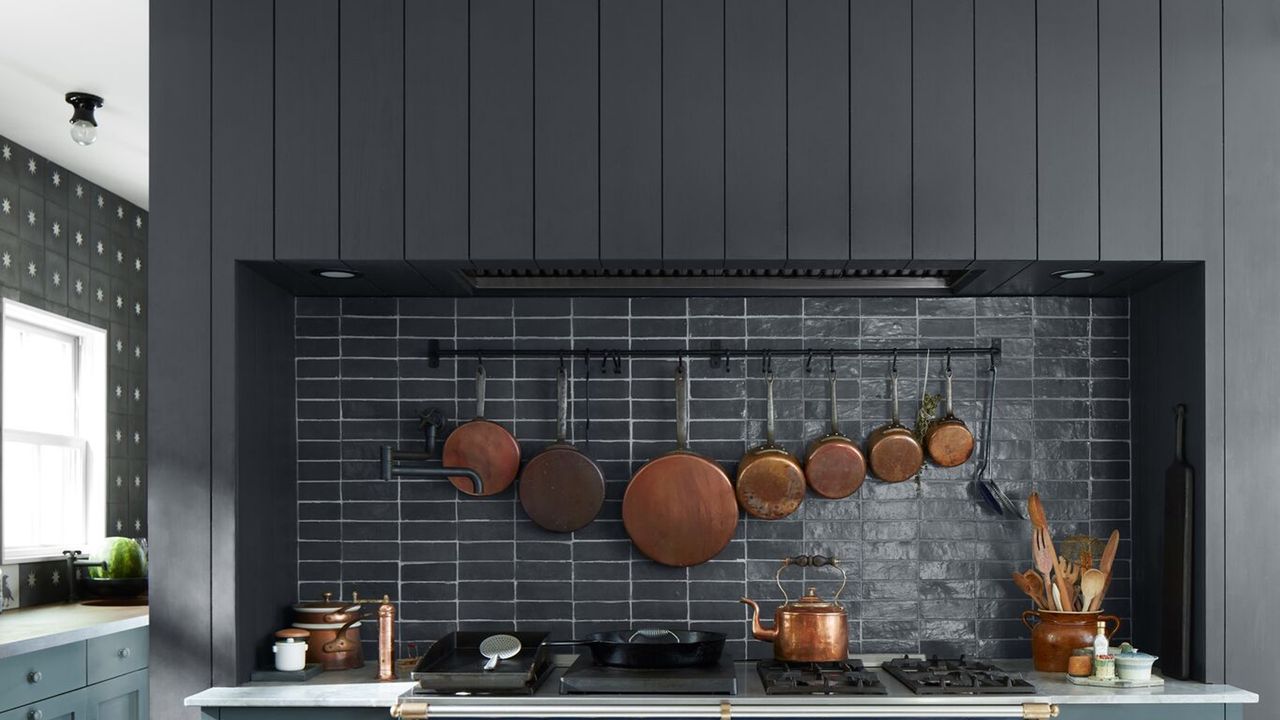 Anthracite grey kitchen with copper pots