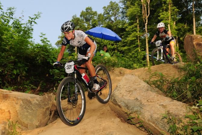 Emily Shields riding one of the steep chutes
