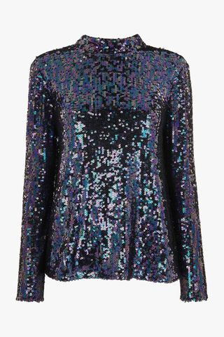 Whistles High Neck Sequin Top, Blue
