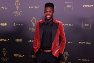 Real Madrid's Brazilian forward Vinicius Junior poses prior to the 2023 Ballon d'Or France Football award ceremony at the Theatre du Chatelet in Paris on October 30, 2023.