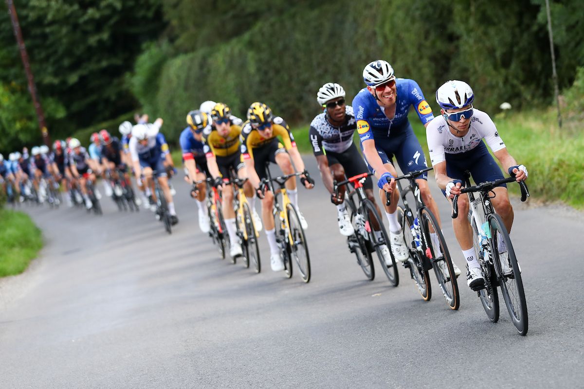 Picture by SWpix.com - 09/09/2021 - Cycling - AJ Bell Tour of Britain Stage 5 - Alderley Park to Warrington, England - Israel Start-Up Nation at the front of the peloton