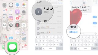 How to replay bubble/screen effects, showing how to open Messages, tap a conversation, and tap Replay