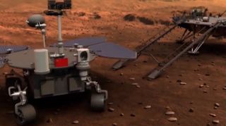 An artist's concept of China's first Mars rover mission, Tianwen-1, at the Red Planet.