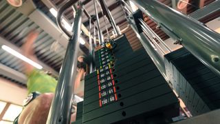 multi gym: low angle view of a weight stack