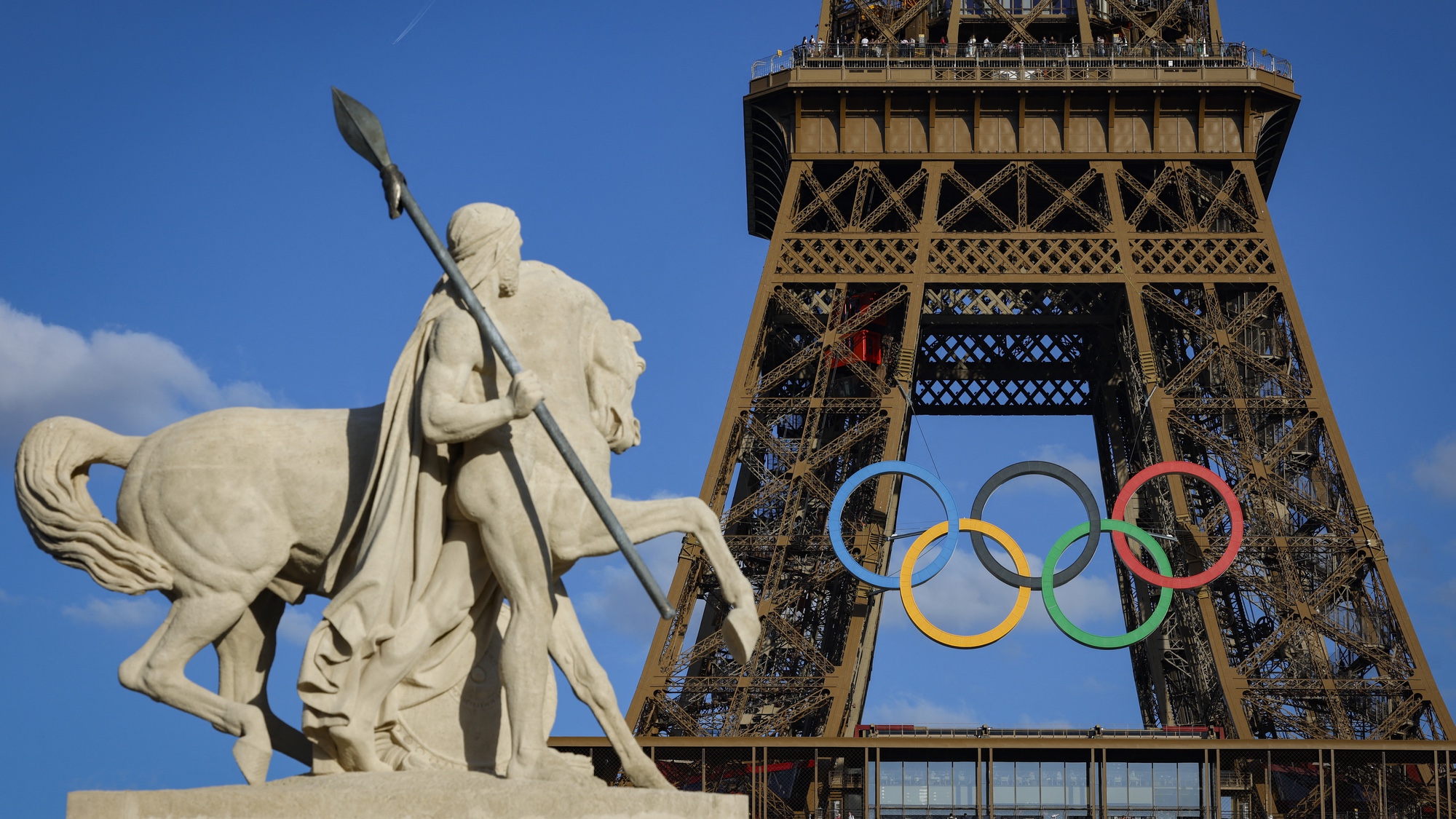 The Eiffel Tower in Paris with the Olympic rings ahead of the Paris Olympics