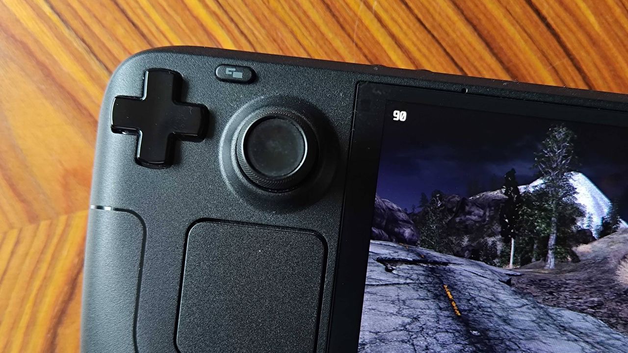 Steam Deck OLED close up of Fallout New Vegas gameplay with fps counter that reads "90".