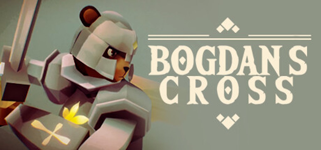 Bogdan's Cross key art - closeup of Bogdan the Templar teddy bear beside the Bogdan's Cross logo