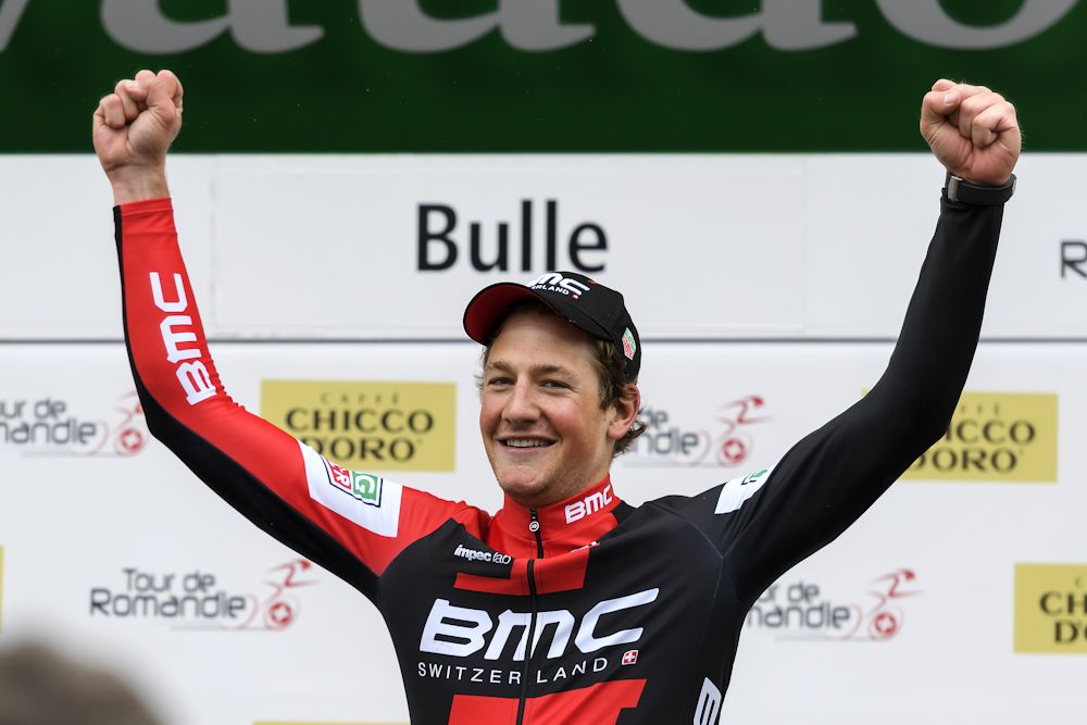 Stefan Kung on the Tour de Romandie podium after winning stage 2