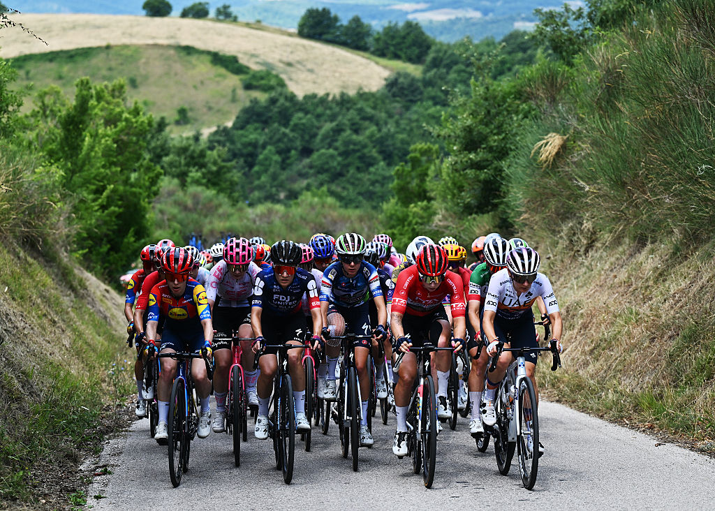MONTE NERONE, ITALY - JULY 12: (L-R) Amanda Spratt of Australia and Team Lidl - Trek, Nina Berton of Luxembourg and Team EF Education-Oatly, Loes Adegeest of Netherlands and Team FDJ - SUEZ, Lore De Schepper of Belgium and Team AG Insurance - Soudal, Lorena Wiebes of Netherlands and Team SD Worx - Protime - Red Sprint Jersey and Alena Amialiusik of Belarus and UAE Team ADQ compete during the 36th Giro d&#039;Italia Women 2025, Stage 7 a 150km stage from Fermignano to Monte Nerone 1396m / #UCIWWT / on July 12, 2025 in Monte Nerone, Italy. (Photo by Luc Claessen/Getty Images)