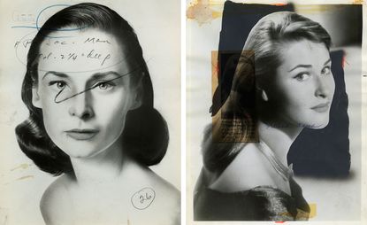 Vintage mid-century press photos featuring models with adjustment markings on the back of the photo
