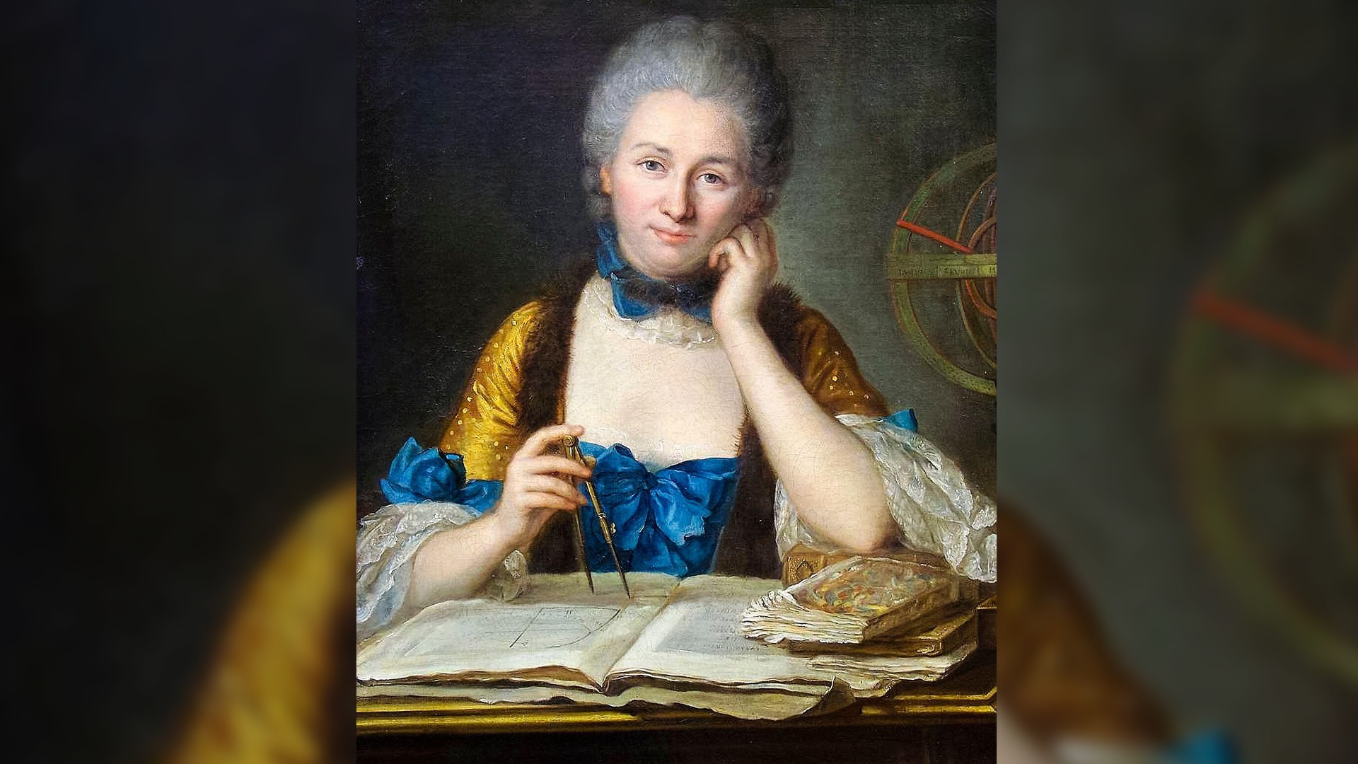 An oil painting portrait of Émilie du Châtelet, French natural philosopher and mathematician. Painted by Maurice Quentin de La Tour, before 1749.