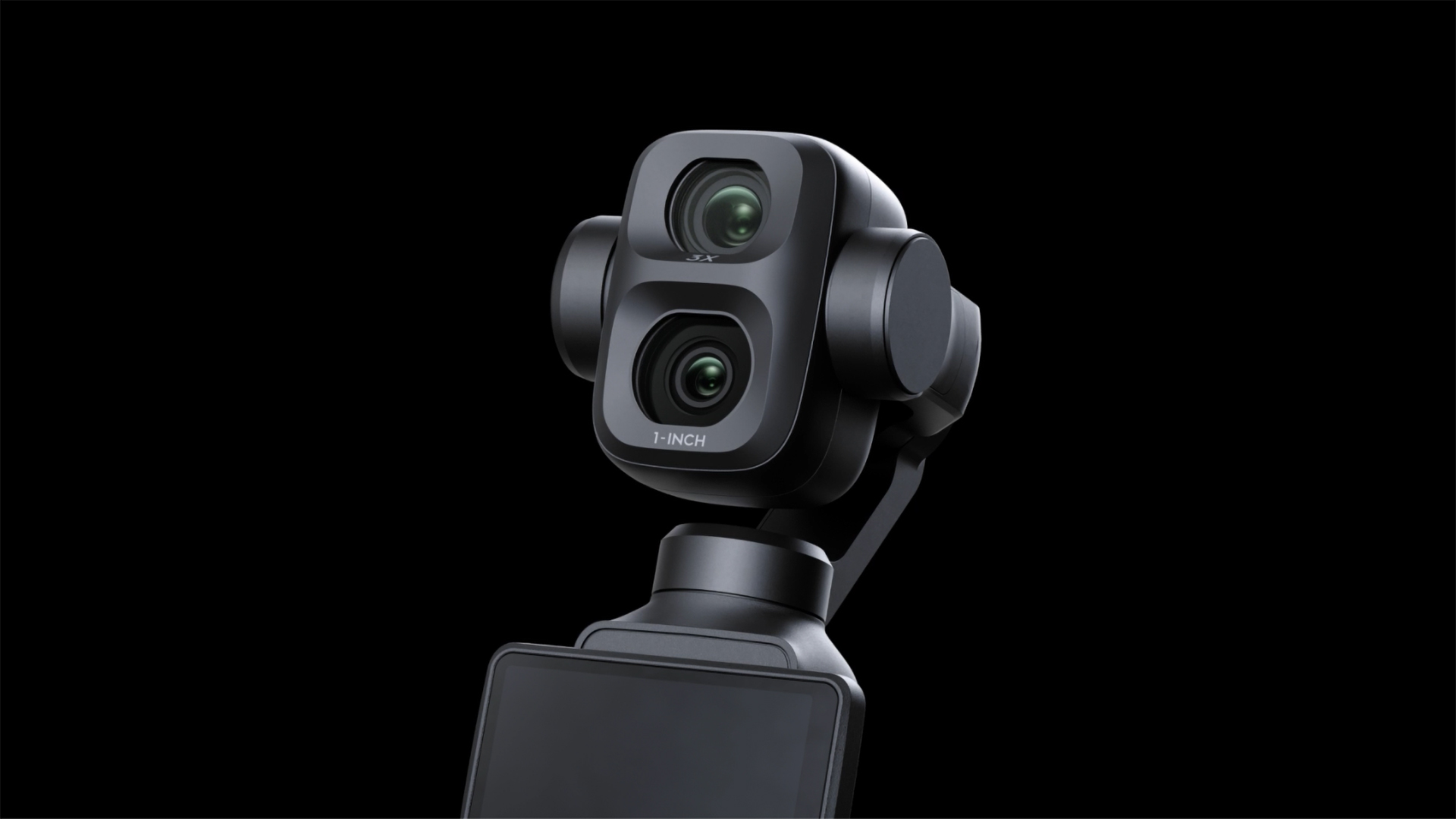 Close up of DJI Osmo Pocket 4P vlogging camera's dual-lenses, black background