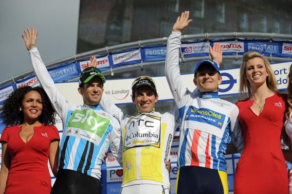 Points champion Greg Henderson (l), overall winner Michael Albasini and mountains champ Johnny Hoogerland.