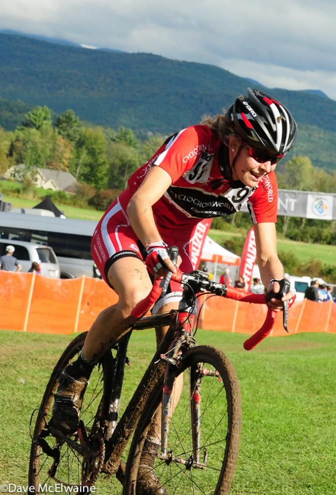 Maghalie Rochette (Cyclocrossworld.com) with one lap to go