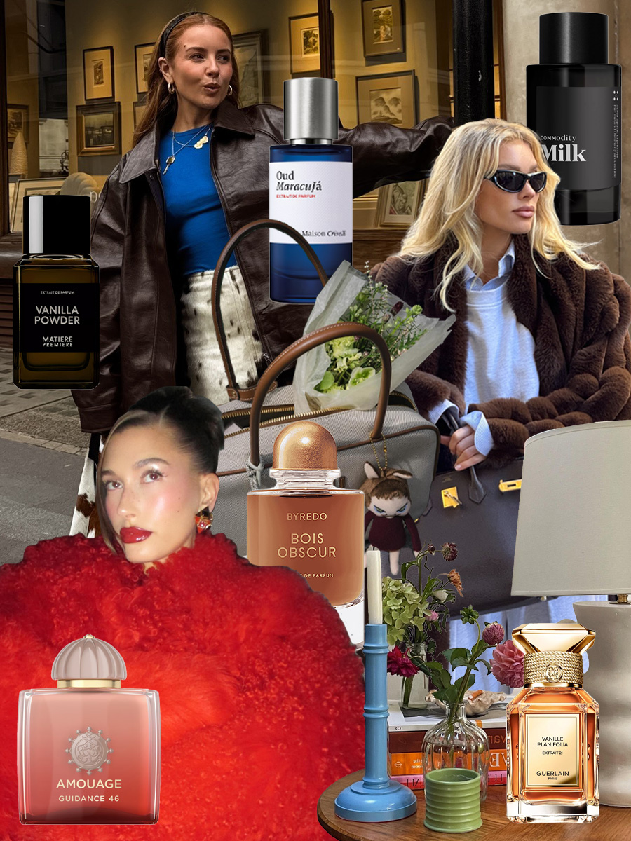 Photos of maximalist style and fragrances, including Matiere Premiere Vanilla Powder Extrait, Maison Crivelli Oud Maracuja, Commodity Milk Bold, Byredo Bois Obscur, Amouage Guidance 46 and Guerlain Vanille Planifolia