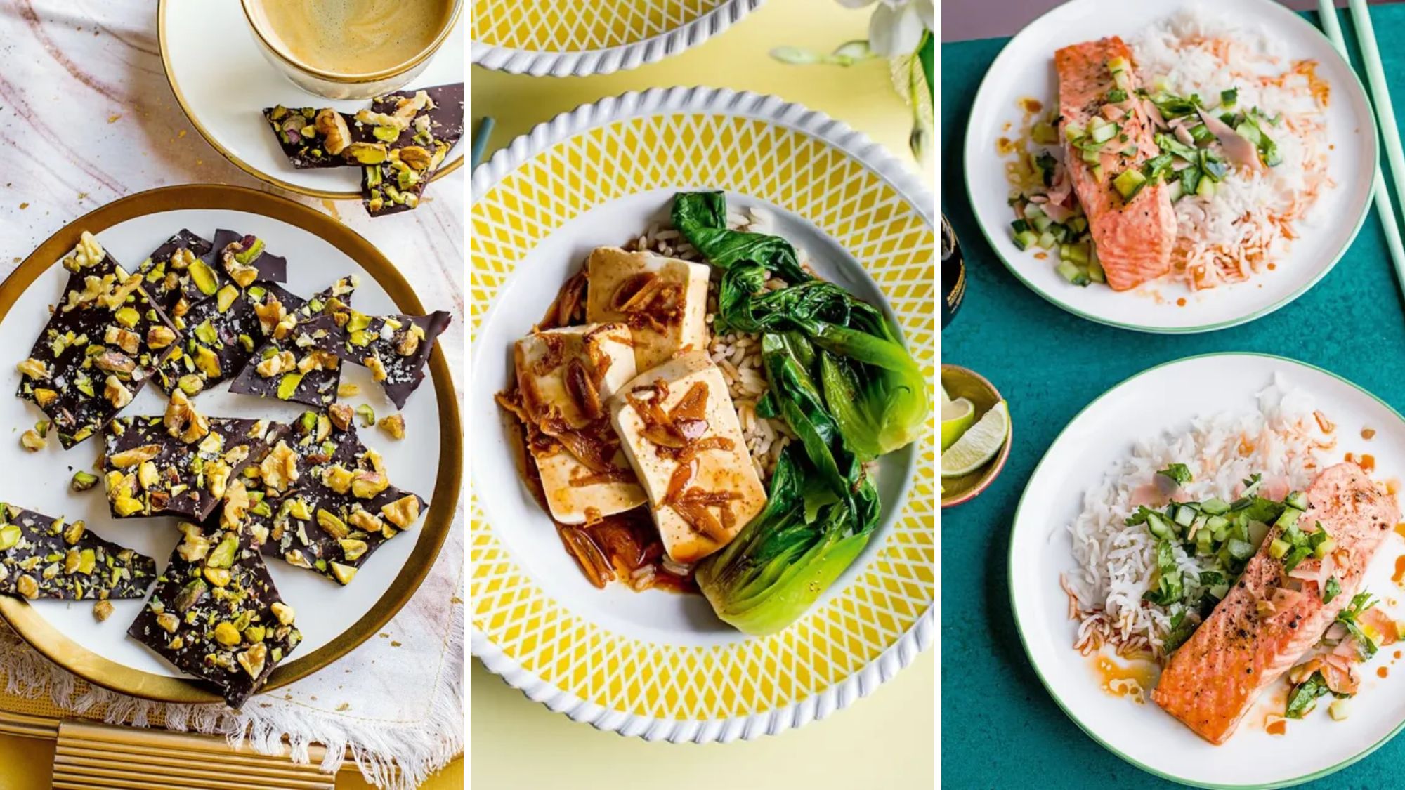 Three Glucose Goddess recipes, including saut&eacute;ed tofu and greens, pistachio bark and salmon