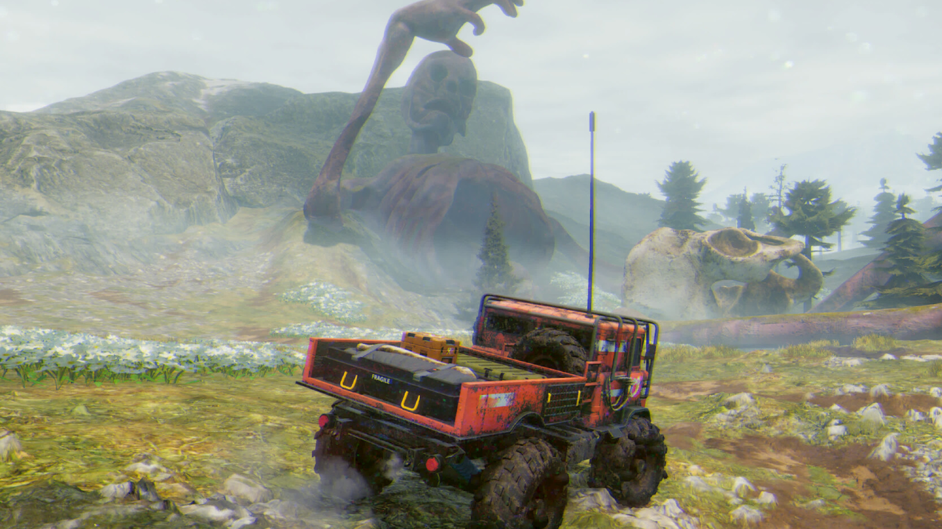 A truck passing by a giant, rotting corpse in Prospice: Anomalous Logistics.