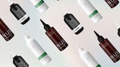 Collage of three of the best scalp treatments featured in this guide from The Nue Co., The INKEY List and Philip Kingsley, set at an angle and repeated against an ombre pastel background 