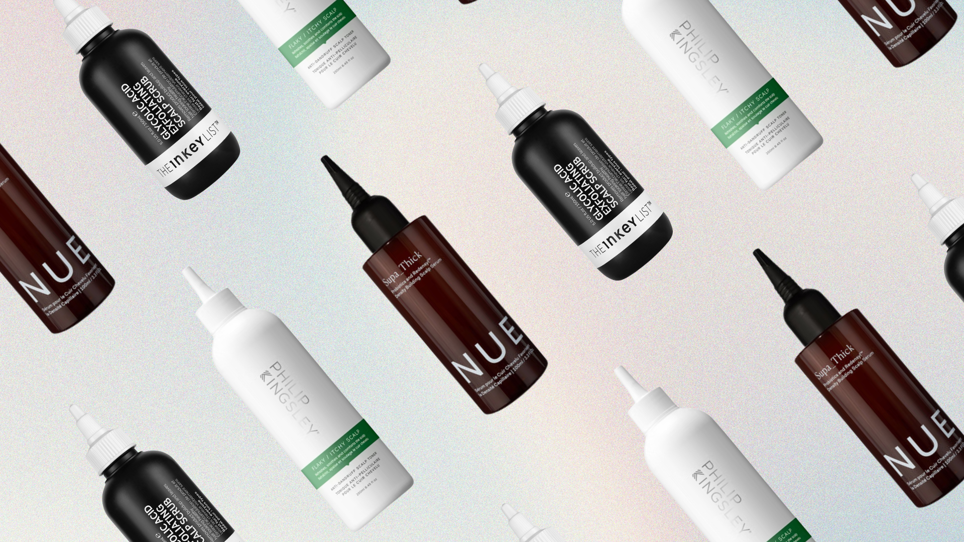 Collage of three of the best scalp treatments featured in this guide from The Nue Co., The INKEY List and Philip Kingsley, set at an angle and repeated against an ombre pastel background 