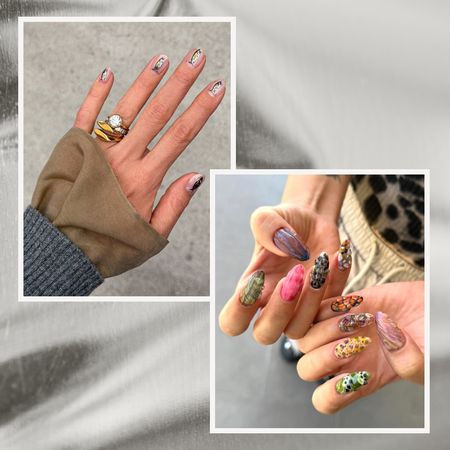 two white women's hands with colorful fish manicures on a silver background