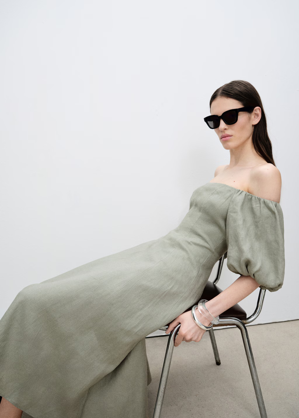 MANGO, Puffed-Sleeve Linen Dress
