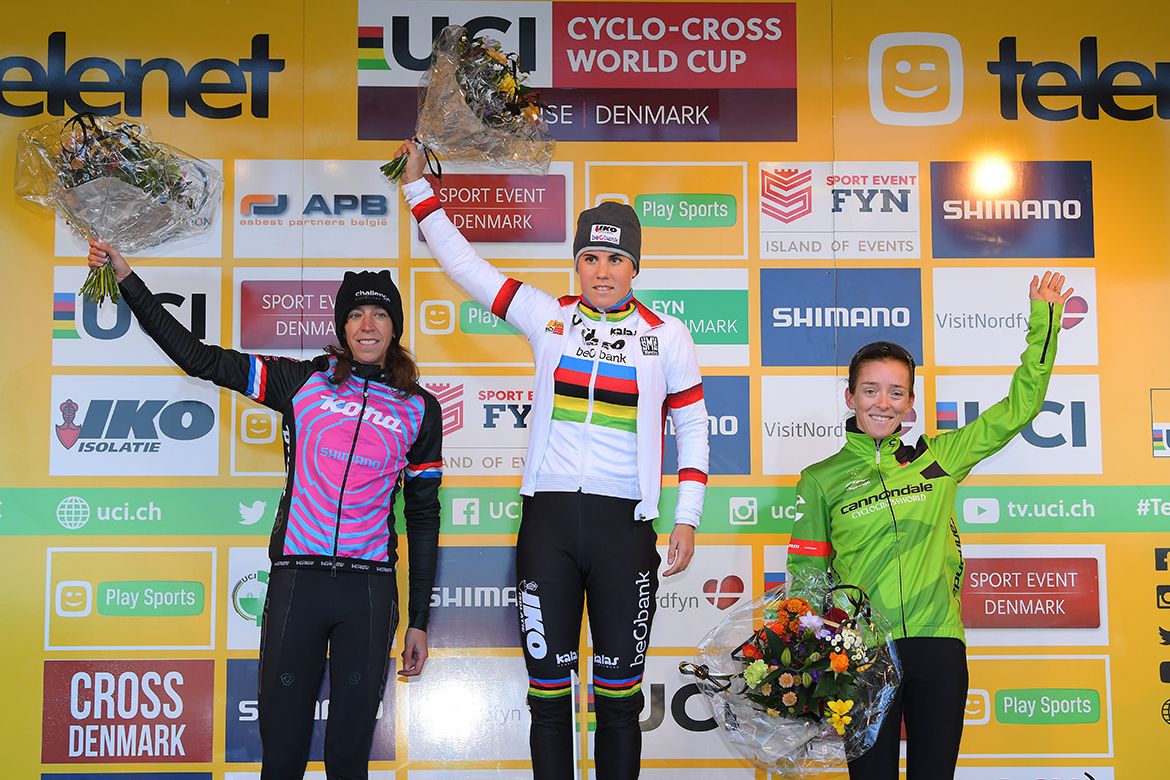 Helen Wyman, Sanne Cant and Kaitlin Keough on the podium in Bogense