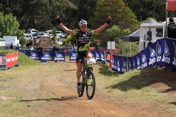 Chris Jongewaard celebrates his short track victory.