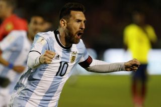Lionel Messi celebrates after scoring Argentina's second goal against Ecuador in a World Cup qualifier in October 2017.