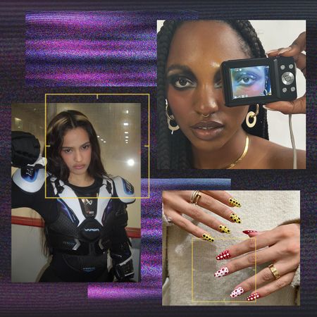 A collage of images including Rosal&iacute;a&rsquo;s halo hair, mismatched nails, and editorial eye makeup.