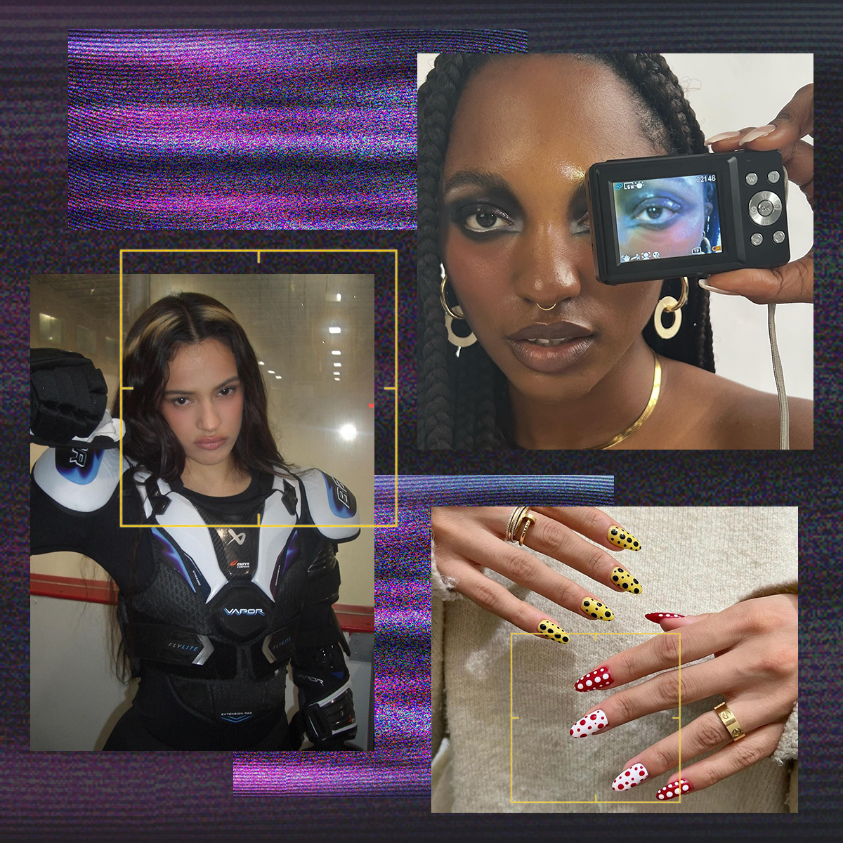 A collage of images including Rosal&iacute;a&rsquo;s halo hair, mismatched nails, and editorial eye makeup.
