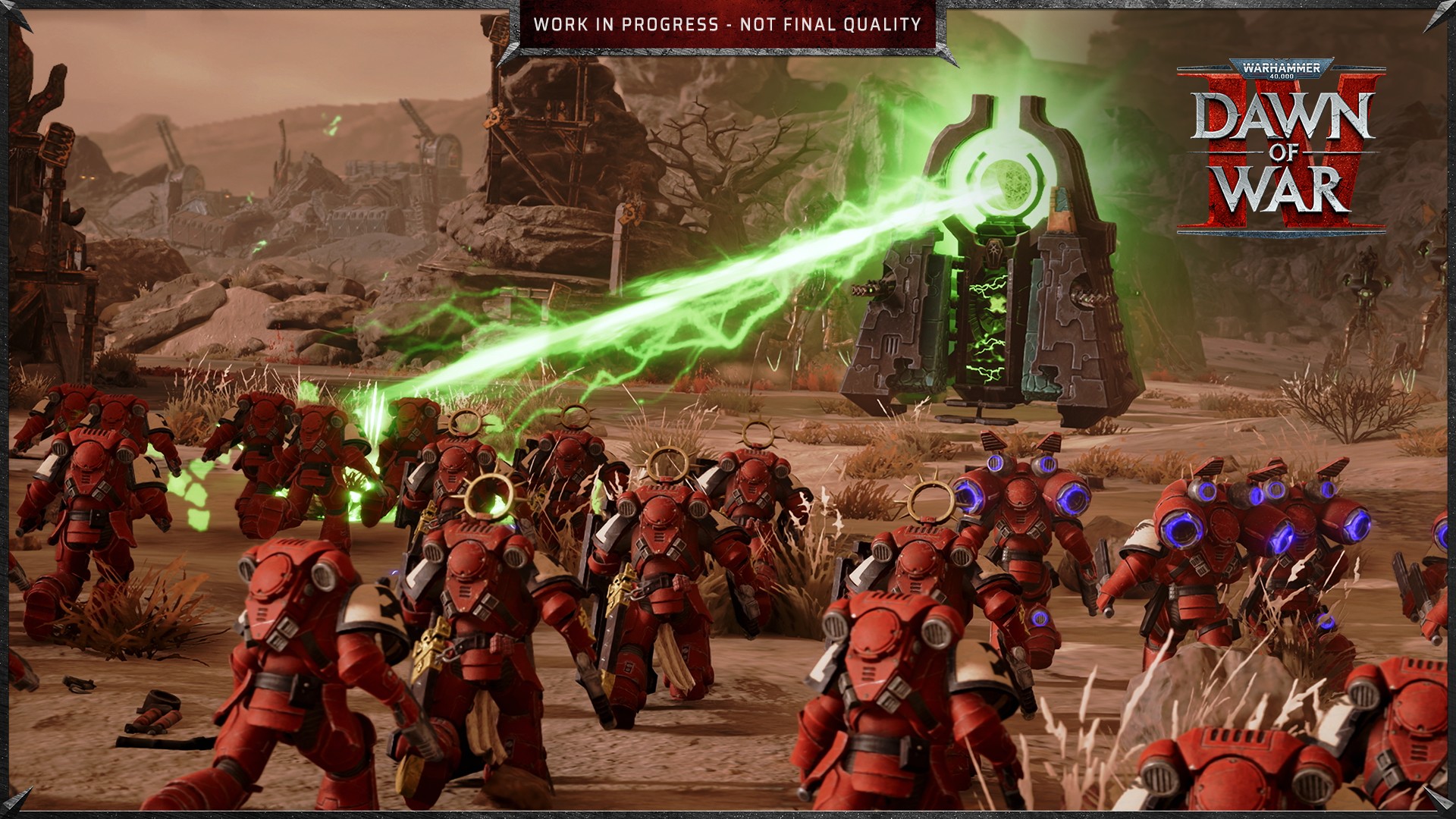 Blood Raven Space Marines, Adeptus Mechanics, and Orcs fight Orks in Warhammer 40,000: Dawn of War 4 on a rocky battlefield