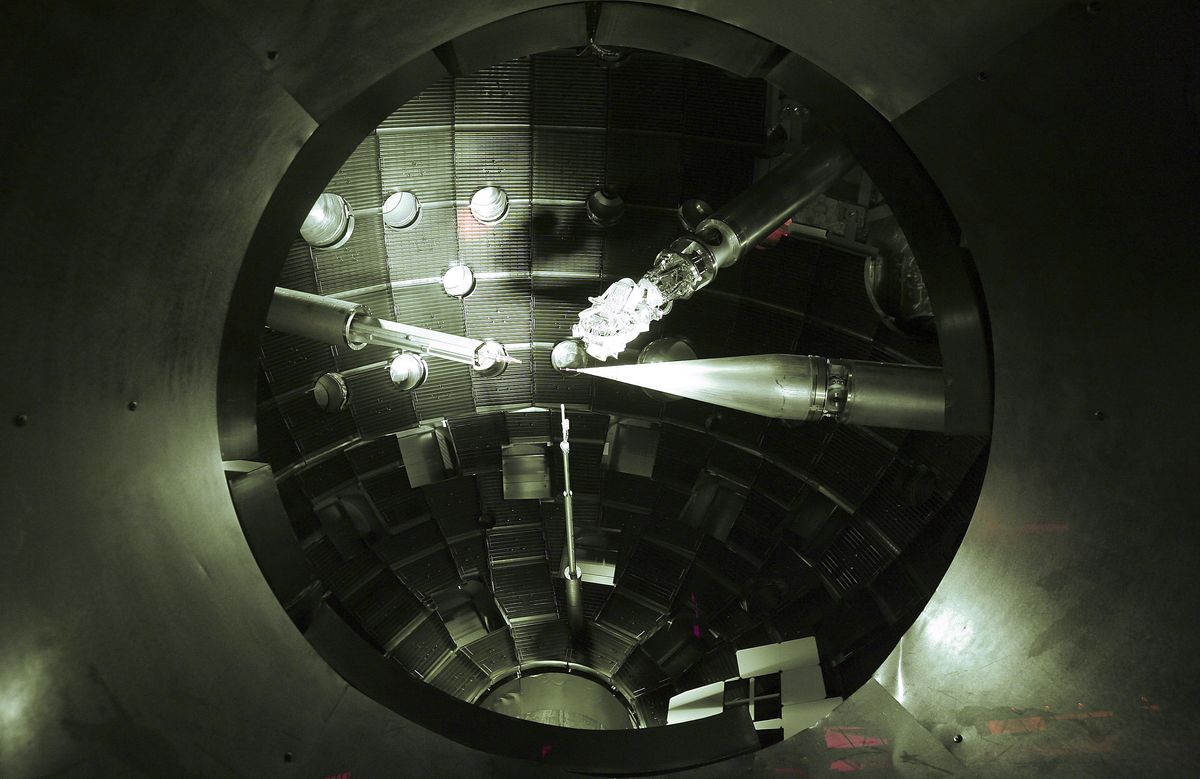 A view into the target chamber at the National Ignition Facility (NIF) at the Lawrence Livermore National Laboratory in Livermore, California.