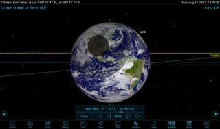 Future denizens of a lunar base will be treated to the glorious blue marble of Earth rotating in their black sky. It will exhibit the same phases, libration effects and size changes we see the moon doing here on Earth. The SkySafari 5 app allows you to "fly" to the moon and gaze back at Earth. Set the date to Aug. 21, 2017, and step through the hours to watch the circular shadows of the moon (shown enlarged, for clarity) sweep across the U.S. during the Great American Solar Eclipse.