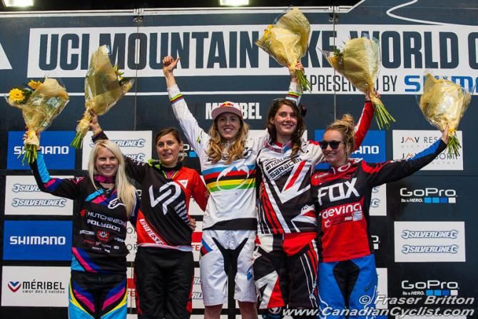 Women's podium: Tracey Hannah, Emmeline Ragot, Rachel Atherton, Manon Carpenter, Tahnee Seagrave